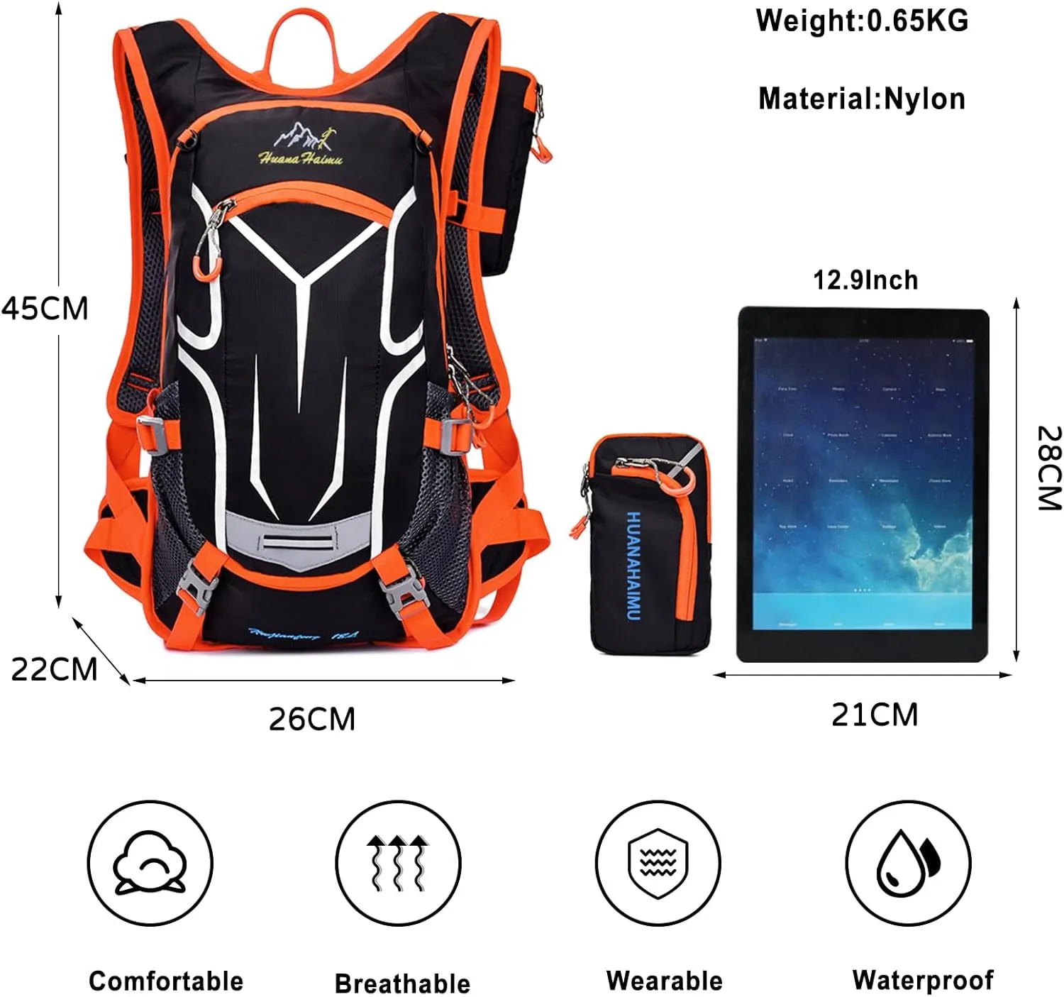 PORRASSO Hiking Backpack 19L Rucksack Breathable Daypack Lightweight Backpack Hydration Pack for Women Men Camping Trekking Cycling Climbing Outdoor Sports Orange