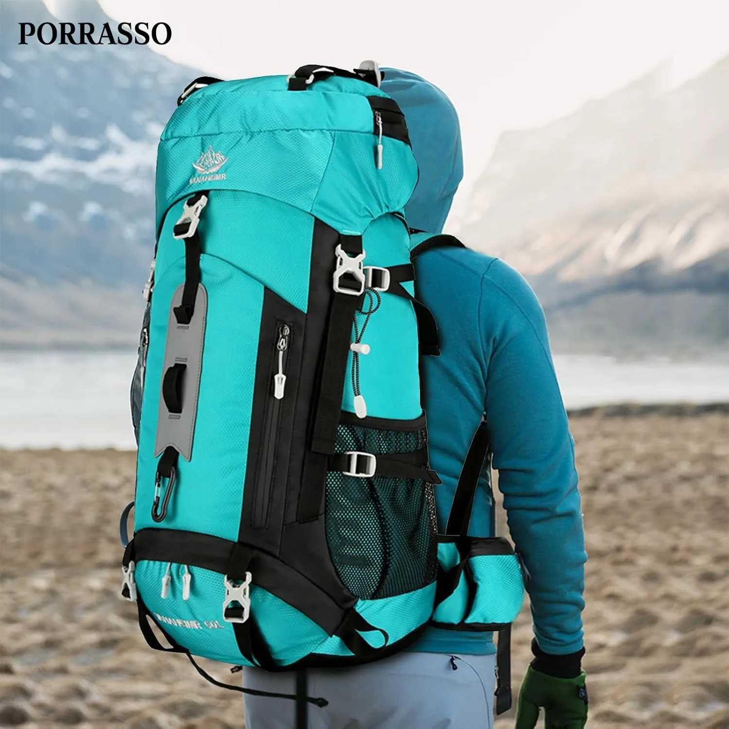 PORRASSO Hiking Backpack Waterproof Daypack 60L Rucksack with Rain Cover Lightweight Backpack for Travel Trekking Camping Climbing Outdoor Sports Light Green