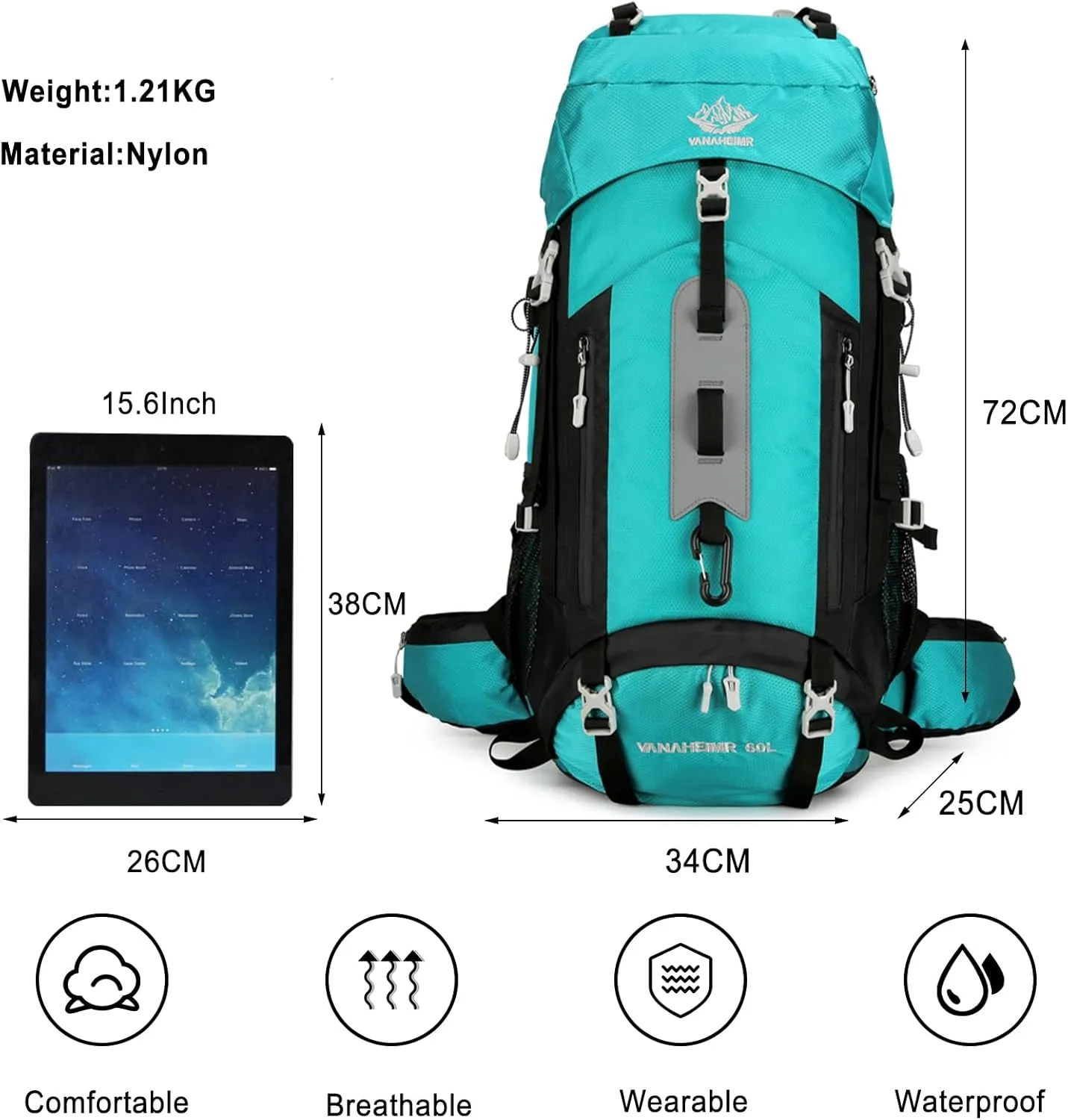 PORRASSO Hiking Backpack Waterproof Daypack 60L Rucksack with Rain Cover Lightweight Backpack for Travel Trekking Camping Climbing Outdoor Sports Light Green