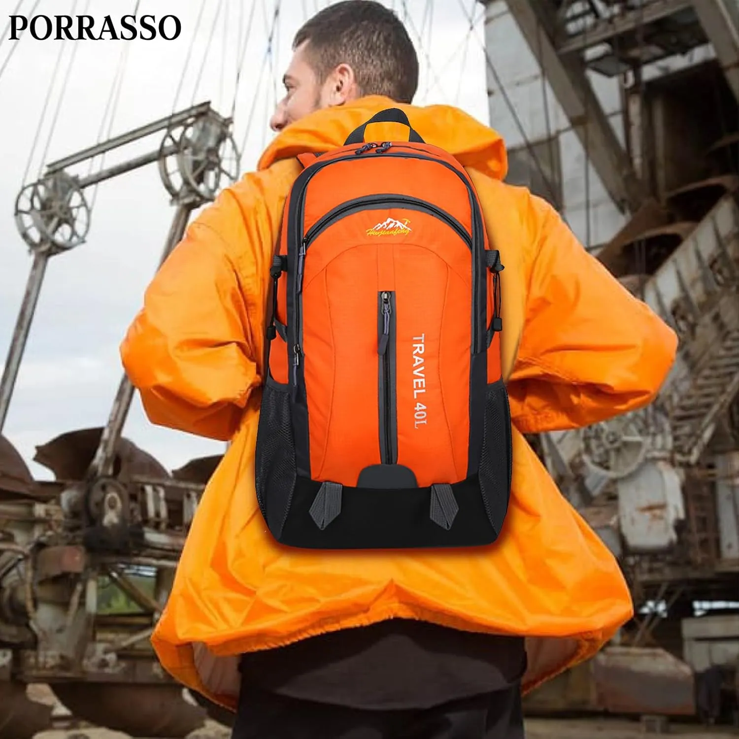 PORRASSO Hiking Backpack Waterproof Rucksack 40L Daypack with USB Charging Port Durable Backpack for Women Men Camping Climbing Travel Outdoor Sports Orange