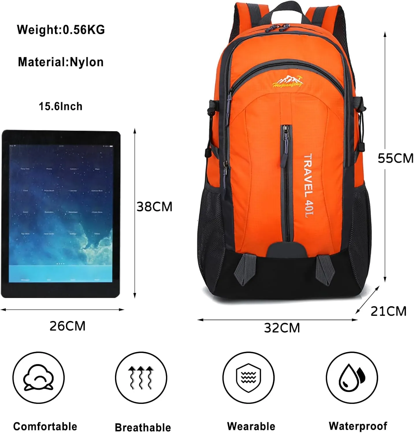 PORRASSO Hiking Backpack Waterproof Rucksack 40L Daypack with USB Charging Port Durable Backpack for Women Men Camping Climbing Travel Outdoor Sports Orange