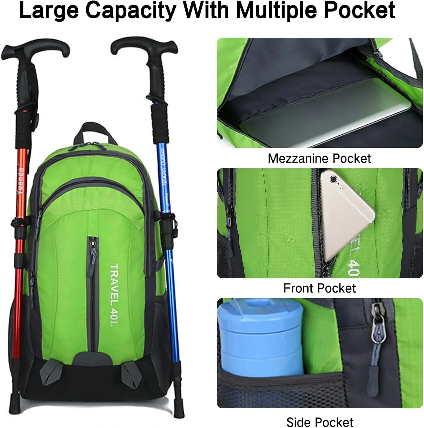 PORRASSO Hiking Backpack Waterproof Rucksack 40L Daypack with USB Charging Port Durable Backpack for Women Men Camping Climbing Travel Outdoor Sports Orange