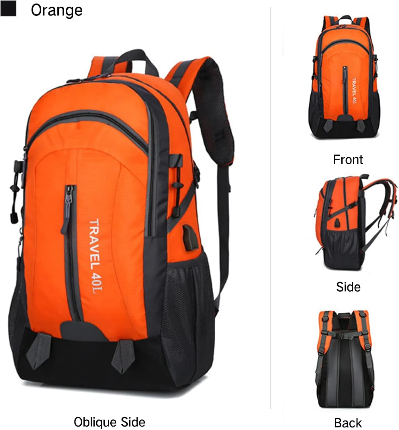 PORRASSO Hiking Backpack Waterproof Rucksack 40L Daypack with USB Charging Port Durable Backpack for Women Men Camping Climbing Travel Outdoor Sports Orange