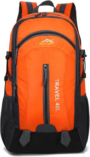 PORRASSO Hiking Backpack Waterproof Rucksack 40L Daypack with USB Charging Port Durable Backpack for Women Men Camping Climbing Travel Outdoor Sports Orange