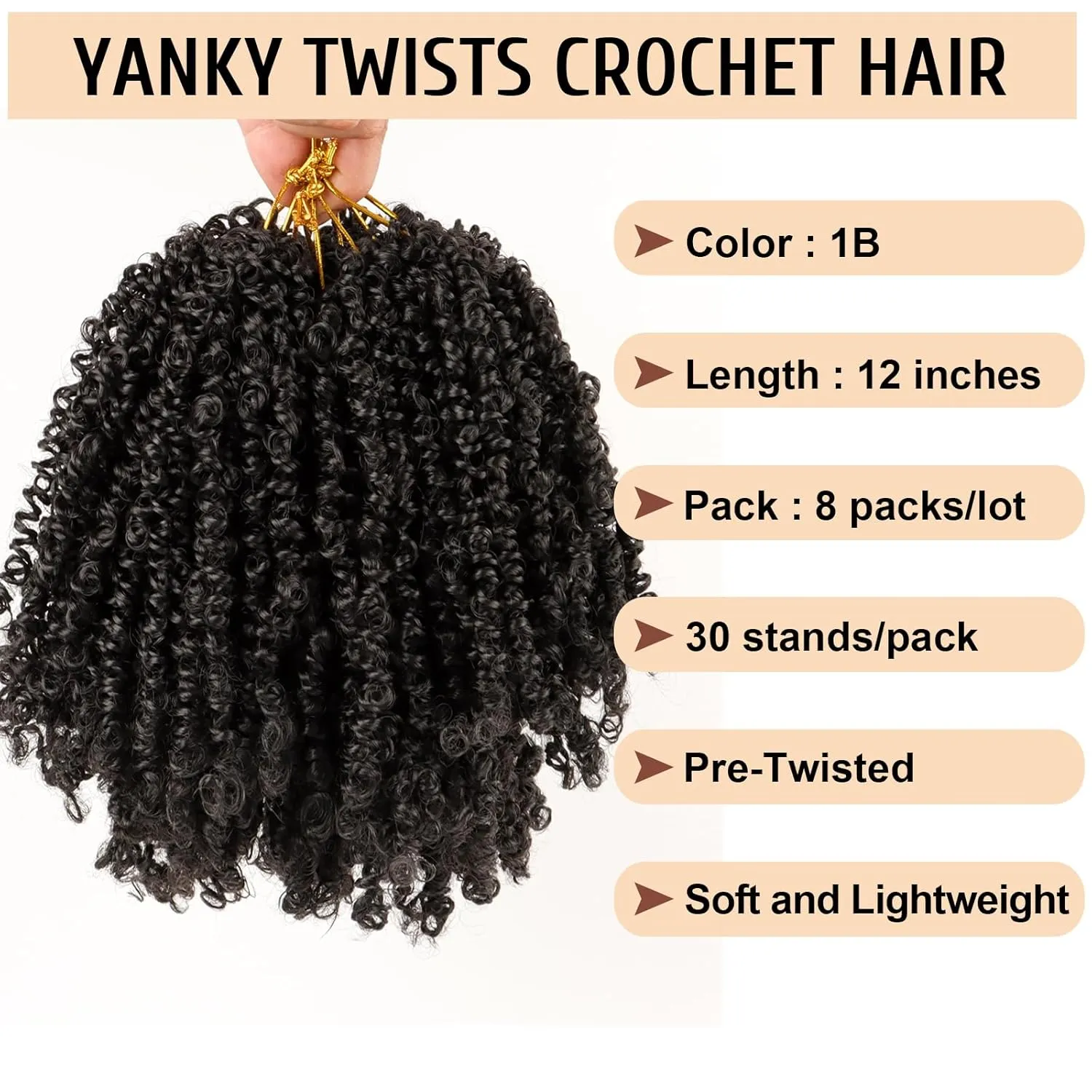 Pre Looped Yanky Twist Crochet Hair 12 Inch 8 Packs 1B# Natural Black Fluffy Spring Mini Twist Passion Twist Bohemian Synthetic Crochet Braiding Hair