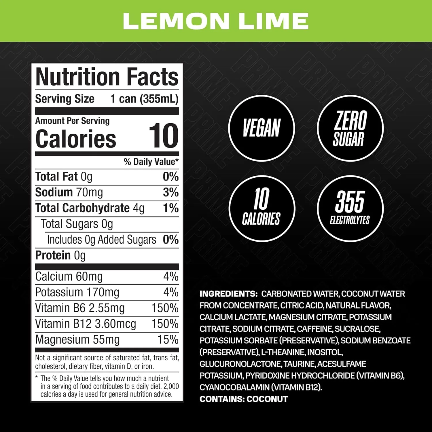 PRIME Energy LEMON LIME | Zero Sugar Energy Drink | Preworkout Energy | 200mg Caffeine with 355mg of Electrolytes and Coconut Water for Hydration| Vegan | Gluten Free |12 Fluid Ounce | 24 Pack