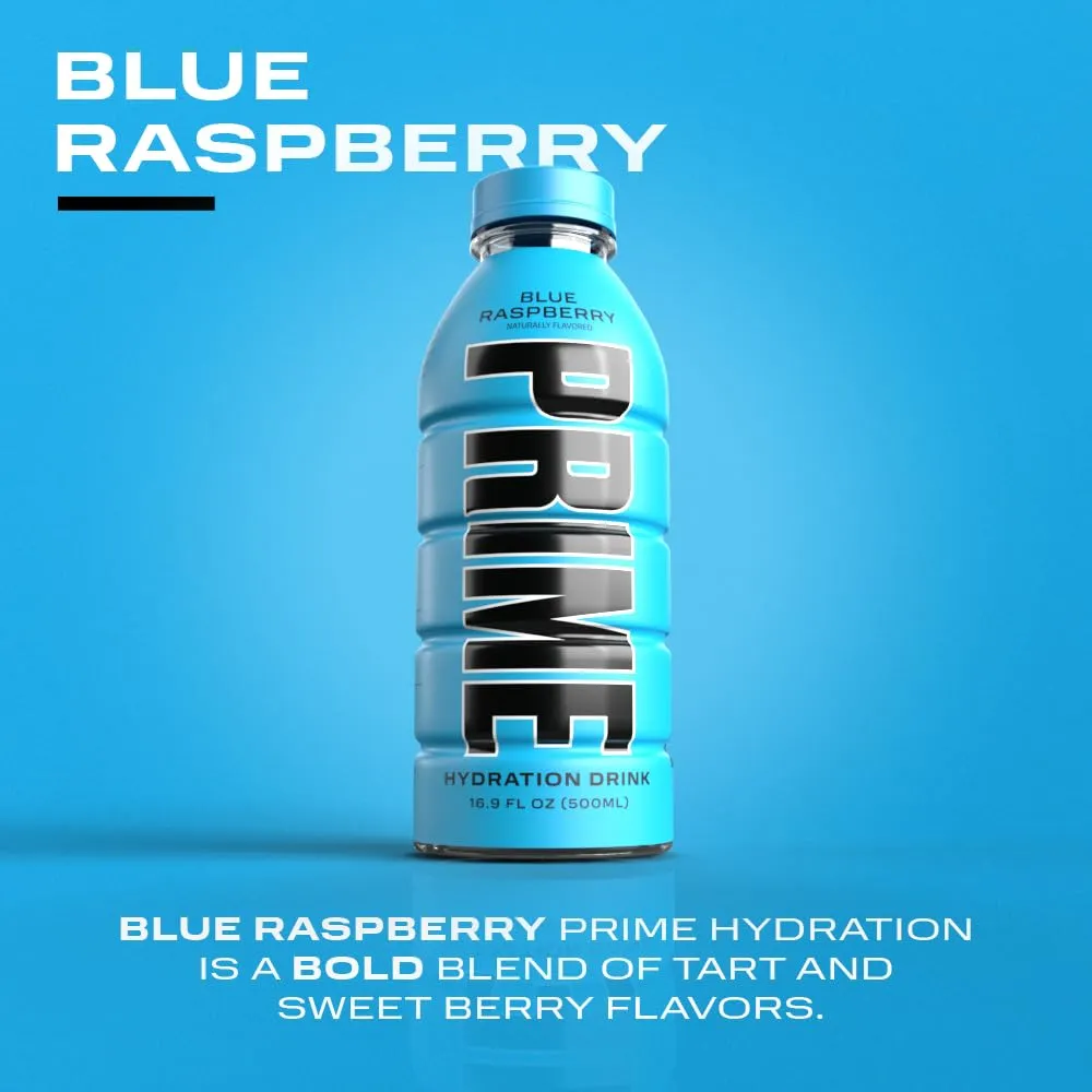 PRIME Hydration BLUE RASPBERRY | Sports Drinks | Electrolyte Enhanced for Ultimate Hydration | 250mg BCAAs | B Vitamins | Antioxidants | 2g Of Sugar | 16.9 Fluid Ounce | 12 Pack