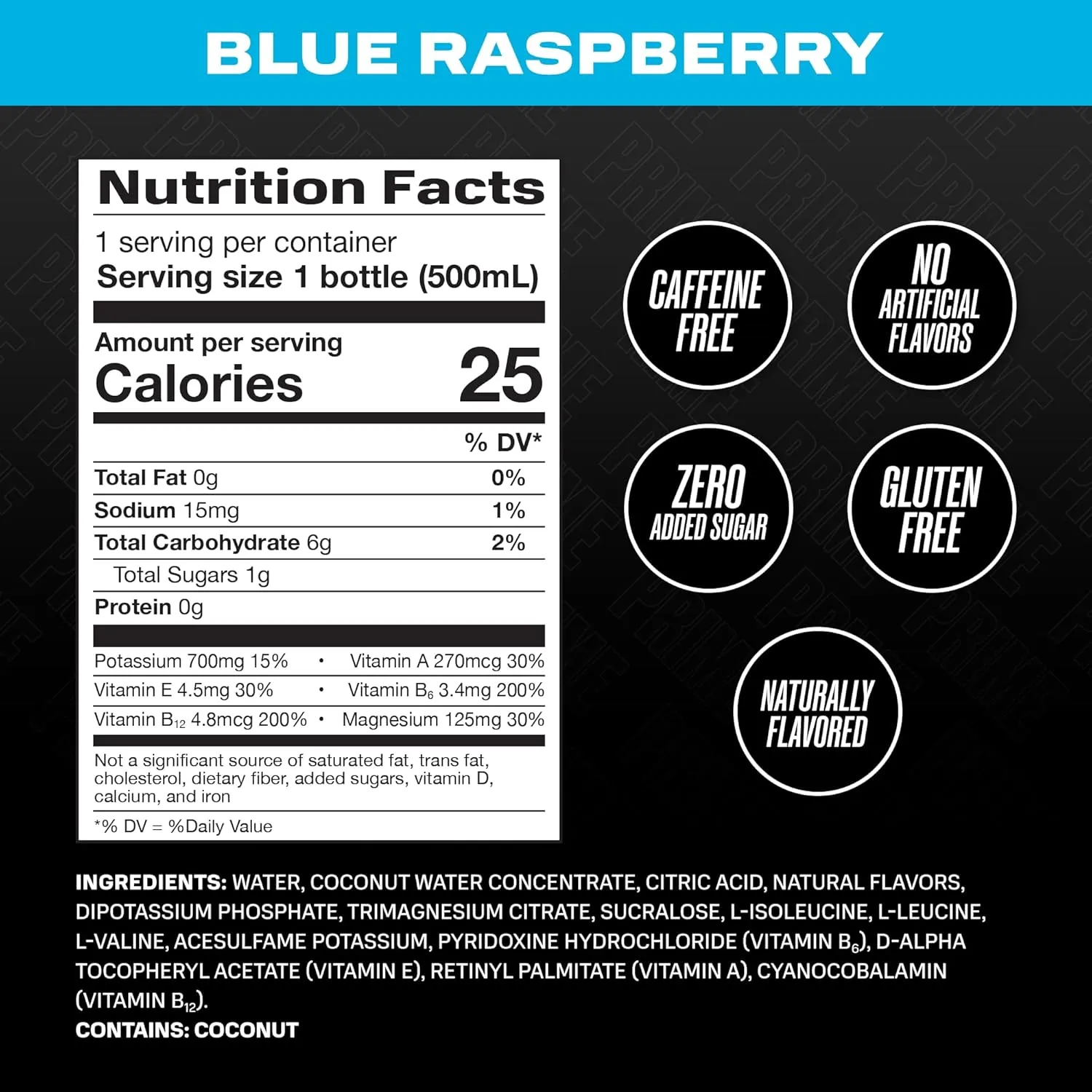 PRIME Hydration BLUE RASPBERRY | Sports Drinks | Electrolyte Enhanced for Ultimate Hydration | 250mg BCAAs | B Vitamins | Antioxidants | 2g Of Sugar | 16.9 Fluid Ounce | 12 Pack