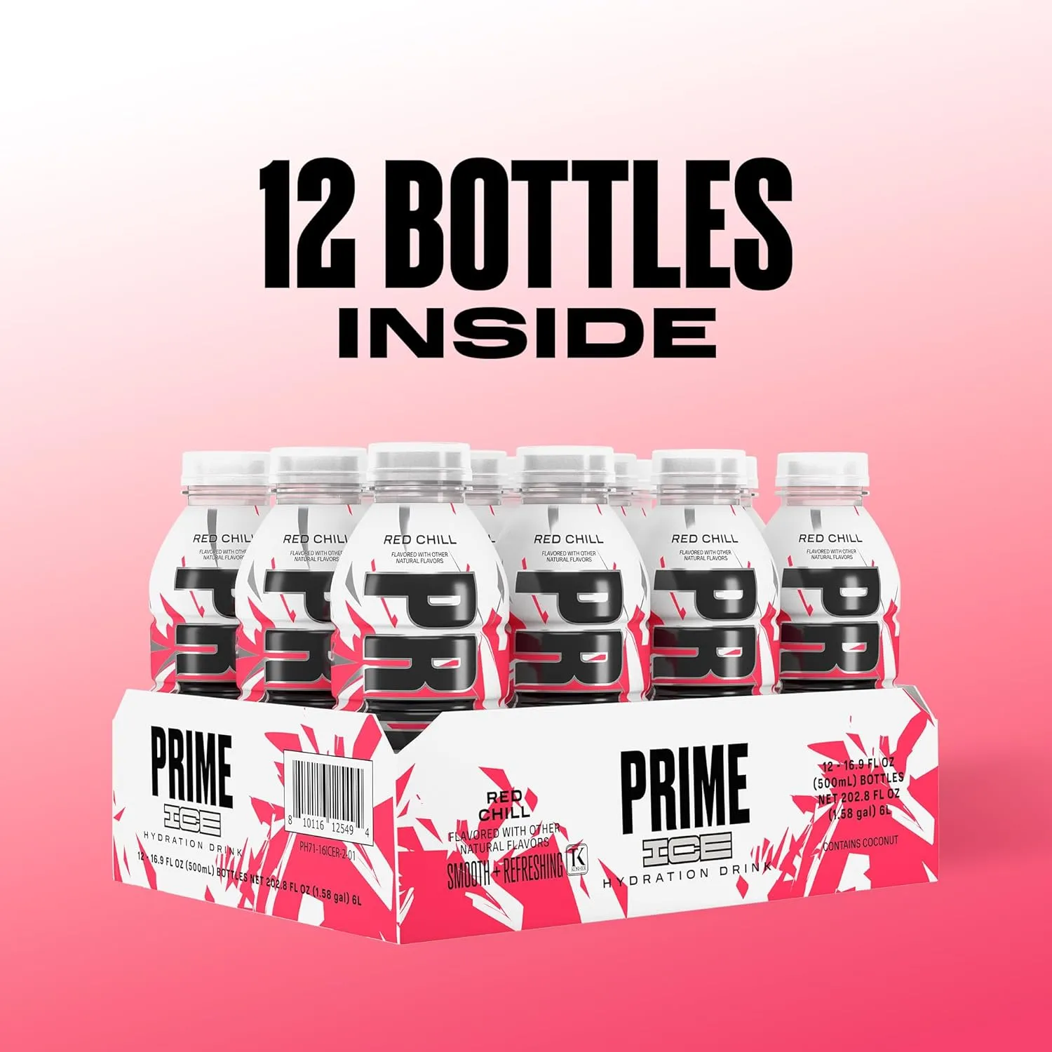 PRIME Hydration ICE RED CHILL, Sports Drinks, Electrolyte Enhanced for Ultimate Hydration, 250mg BCAAs, B Vitamins, Antioxidants, Low Sugar, 16.9 Fl Oz, 12 Pack