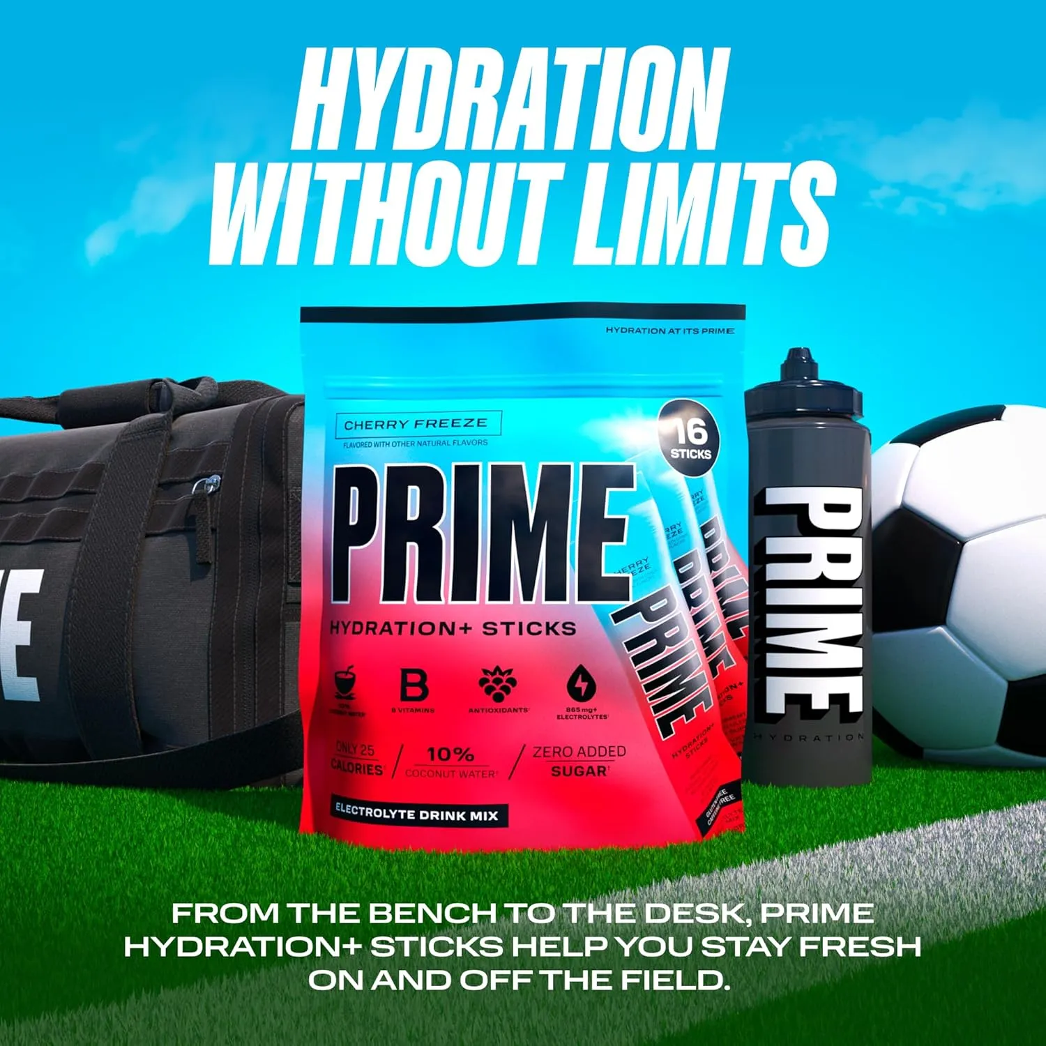 PRIME HYDRATION  Sticks Cherry Freeze | Hydration Powder Single Serve Sticks | Electrolyte Powder On The Go | Low Sugar | Caffeine-Free | Vegan | 16 Sticks
