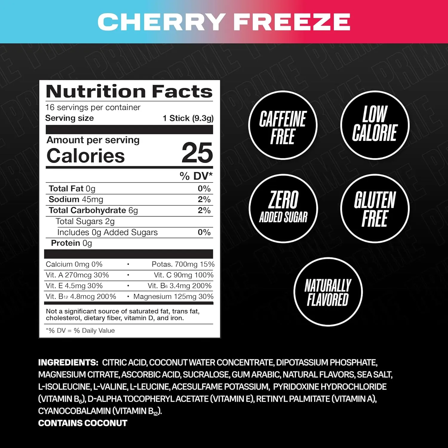 PRIME HYDRATION  Sticks Cherry Freeze | Hydration Powder Single Serve Sticks | Electrolyte Powder On The Go | Low Sugar | Caffeine-Free | Vegan | 16 Sticks