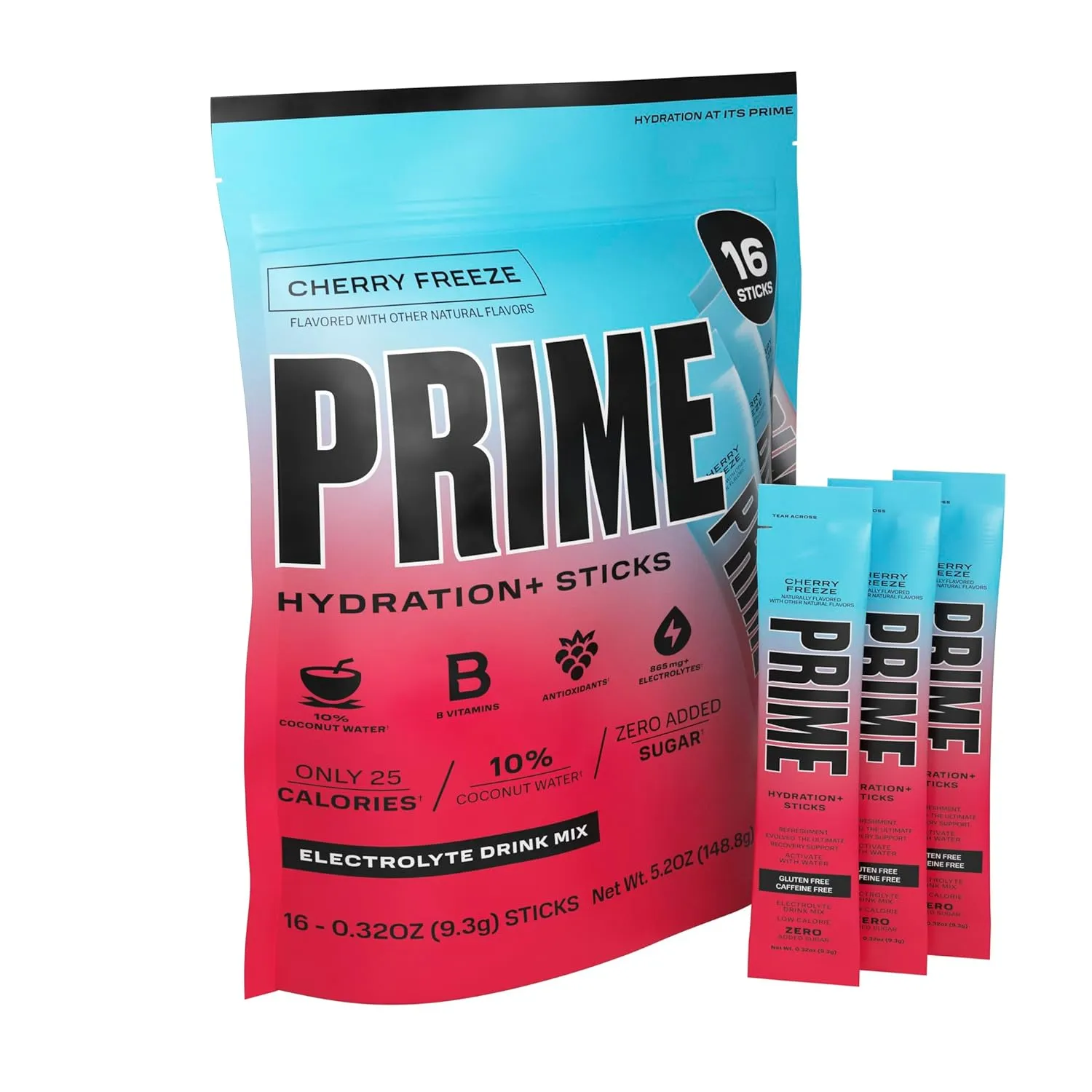 PRIME HYDRATION  Sticks Cherry Freeze | Hydration Powder Single Serve Sticks | Electrolyte Powder On The Go | Low Sugar | Caffeine-Free | Vegan | 16 Sticks