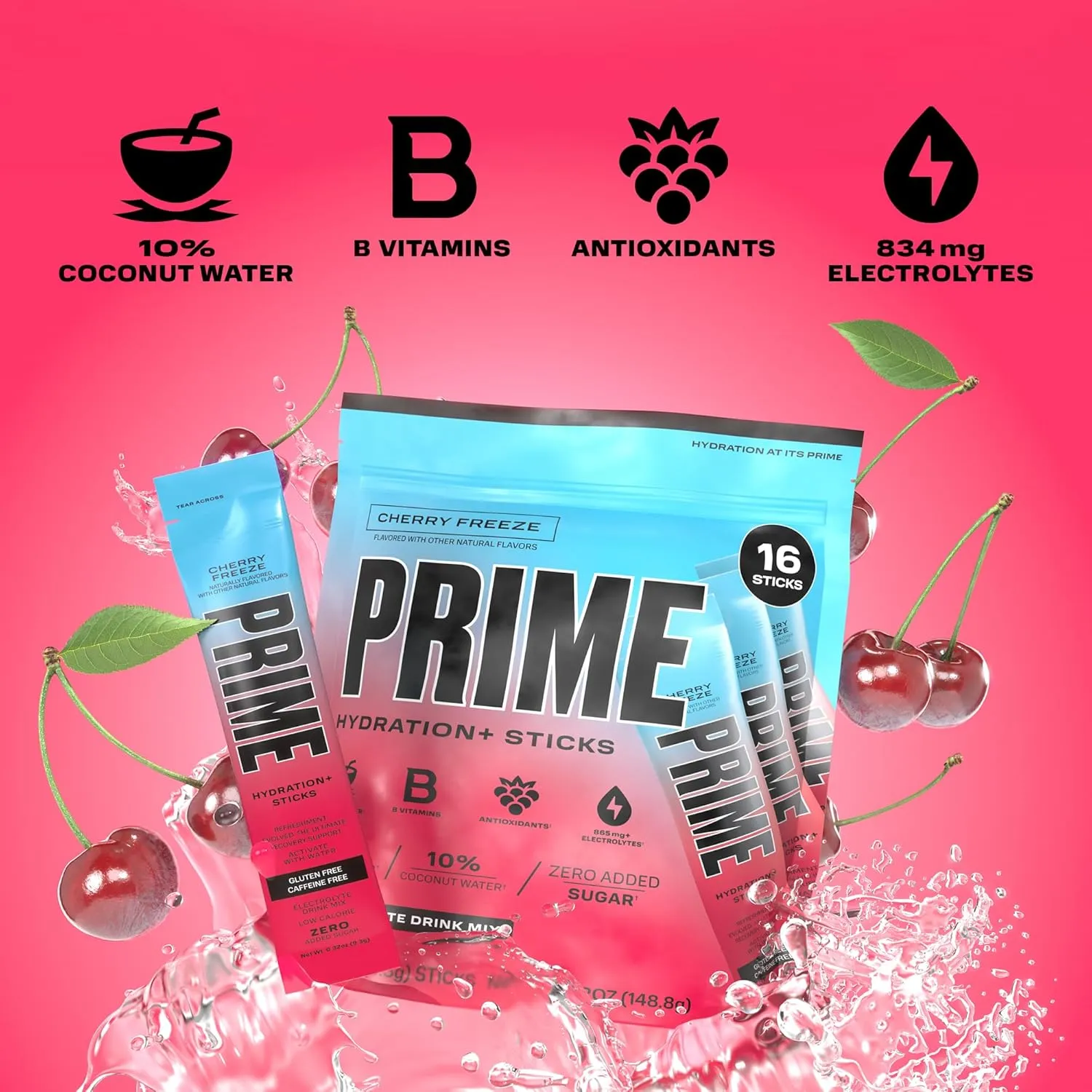 PRIME HYDRATION  Sticks Cherry Freeze | Hydration Powder Single Serve Sticks | Electrolyte Powder On The Go | Low Sugar | Caffeine-Free | Vegan | 16 Sticks