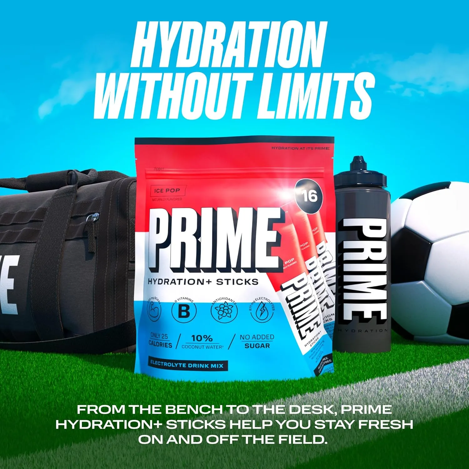 PRIME HYDRATION  Sticks ICE POP | Hydration Powder Single Serve Sticks | Electrolyte Powder On The Go | Low Sugar | Caffeine-Free | Vegan | 16 Sticks
