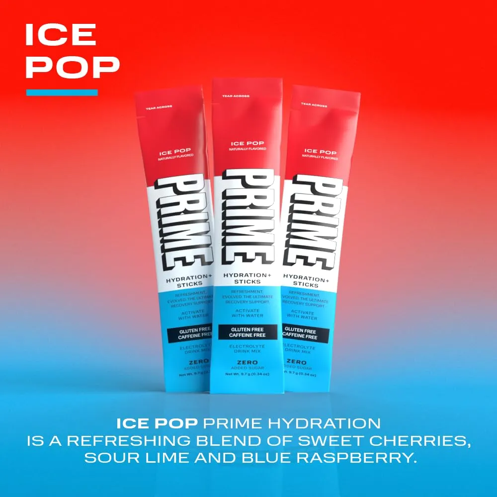 PRIME HYDRATION  Sticks ICE POP | Hydration Powder Single Serve Sticks | Electrolyte Powder On The Go | Low Sugar | Caffeine-Free | Vegan | 16 Sticks