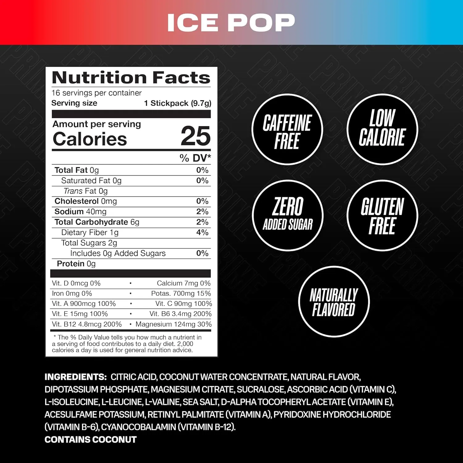 PRIME HYDRATION  Sticks ICE POP | Hydration Powder Single Serve Sticks | Electrolyte Powder On The Go | Low Sugar | Caffeine-Free | Vegan | 16 Sticks