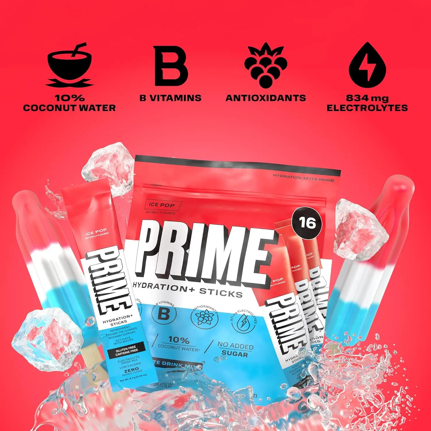 PRIME HYDRATION  Sticks ICE POP | Hydration Powder Single Serve Sticks | Electrolyte Powder On The Go | Low Sugar | Caffeine-Free | Vegan | 16 Sticks