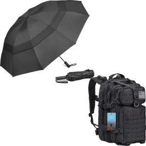 Prospo 40L Military Tactical Shoulder Backpack Assault Survival Molle Bag Pack Fishing Backpack for Tackle Storage 62 Inch Large Travel Umbrella for Rain Windproof, 10 Ribs Reverse Compact Umbrella