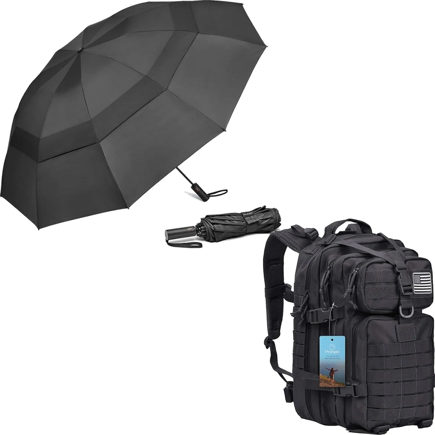 Prospo 40L Military Tactical Shoulder Backpack Assault Survival Molle Bag Pack Fishing Backpack for Tackle Storage 62 Inch Large Travel Umbrella for Rain Windproof, 10 Ribs Reverse Compact Umbrella