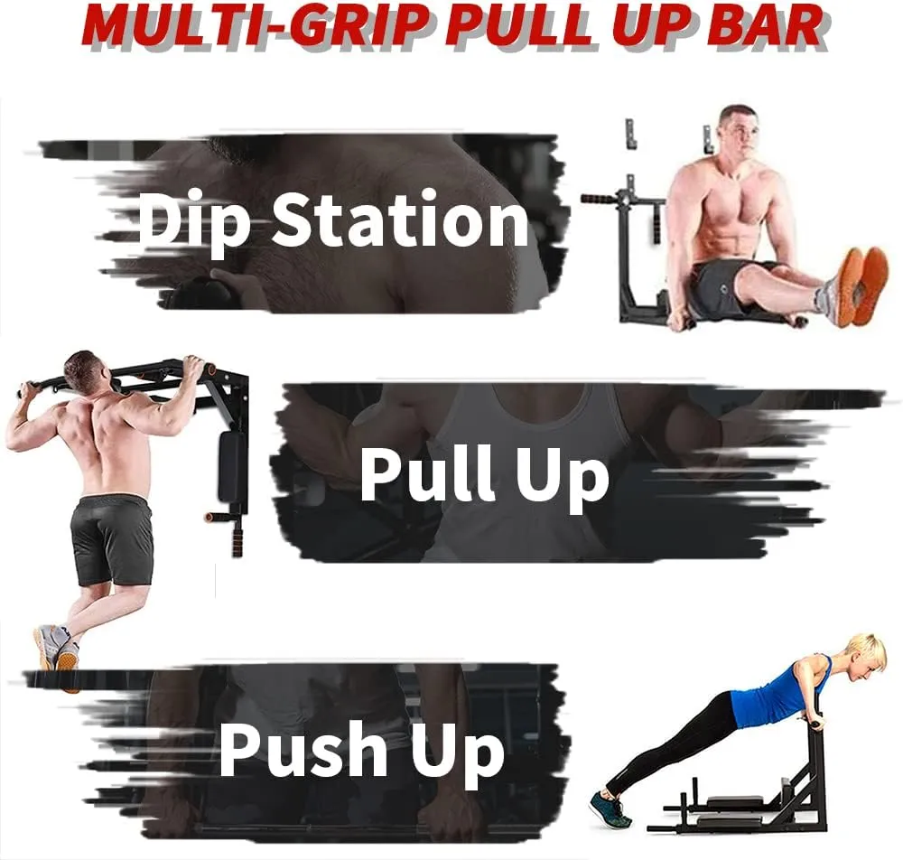 ptlsy Wall Mounted Pull Up Bar Multifunctional with Multi-Grip Chin Up Bar Heavy Duty Dip Station for Home Gym Indoor Workout, Fitness Equipment, Dip Stand Supports to 440 Lbs