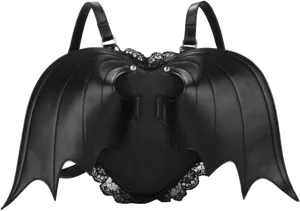 Punk Women Backpack Victorian Wings PU Daypack Rucksack Purse Gothic Lace Shoulder Bag Black