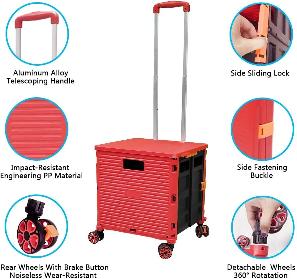 Quick Utility Cart Four -Rotate Wheeled Collapsible Handcart with Durable Heavy Duty Plastic Telescoping Handle for Travel Shopping Moving Luggage Office Use