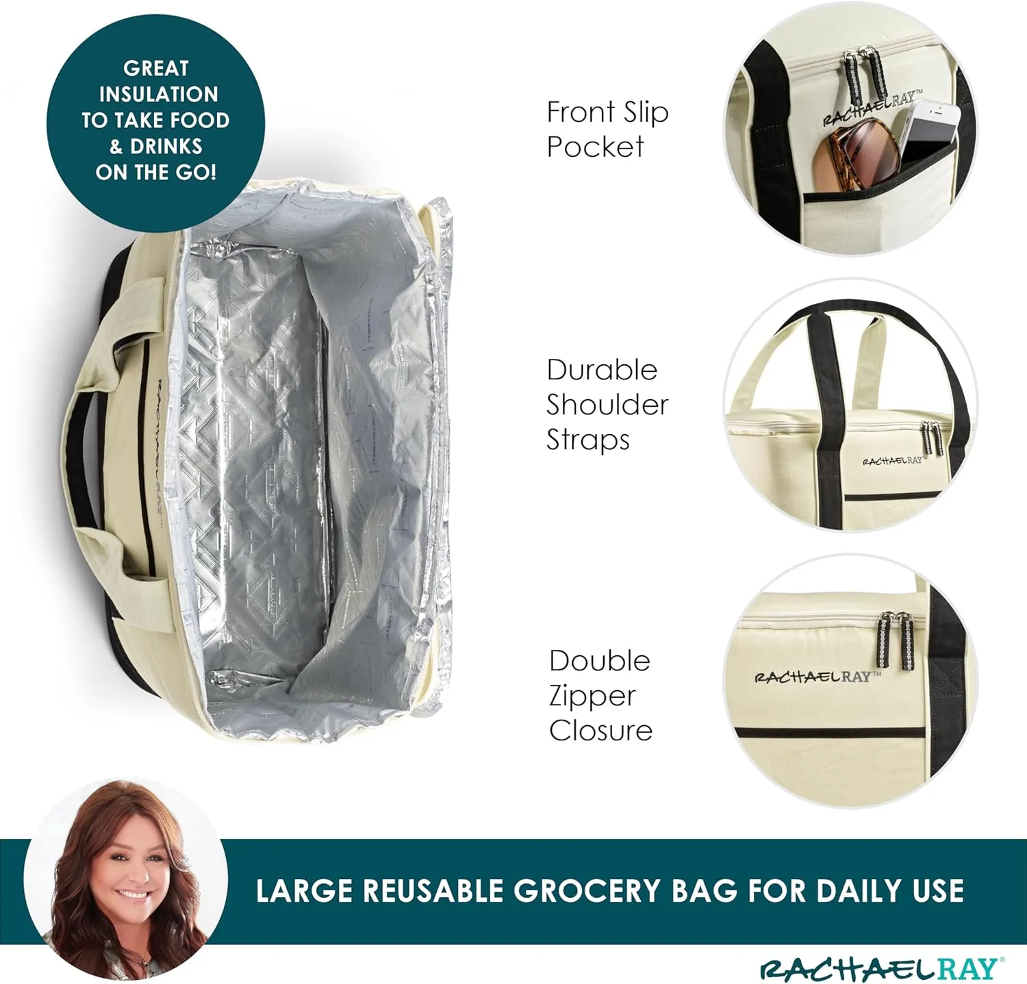Rachael Ray Insulated Thermal Canvas Tote, Ivory