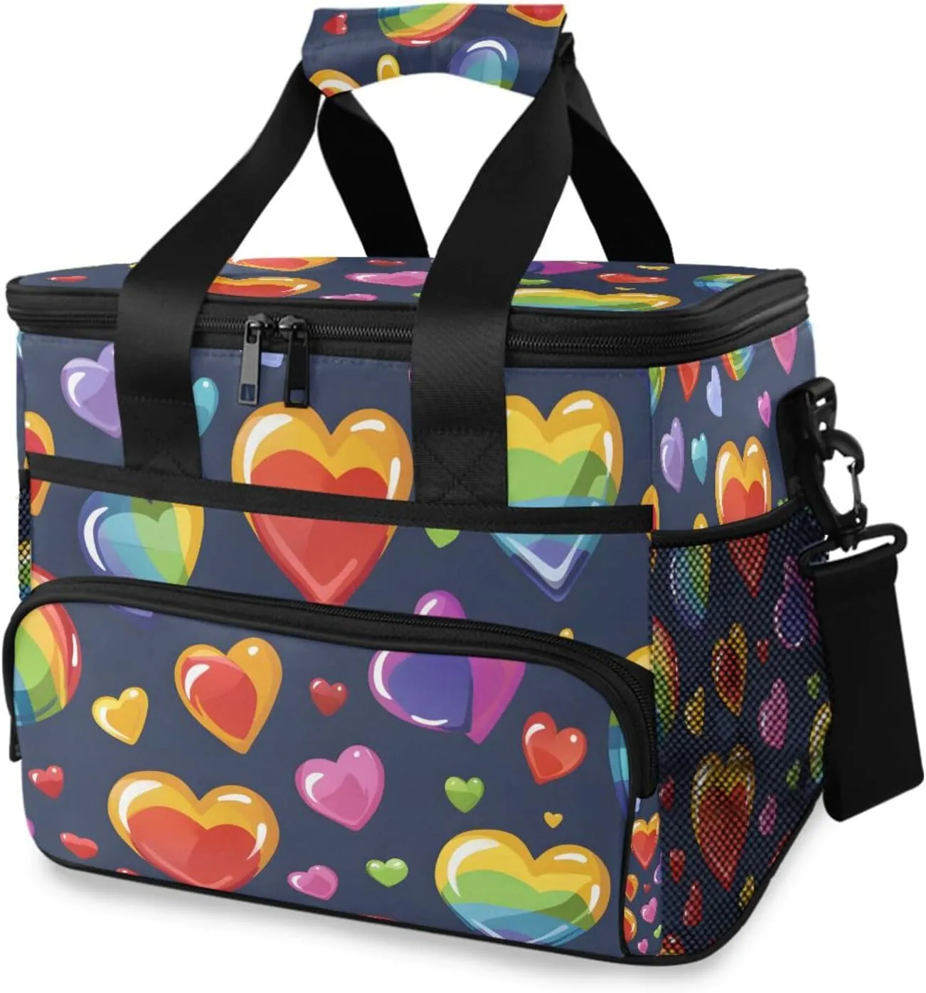 Rainbow Hearts Blue Cooler Bag Insulated Cooler Soft Sided Cooler 24 Can Portable Picnic Bag Large Leakproof Lunch Bag Box for Beach Grocery Camping Travel Car Men Women