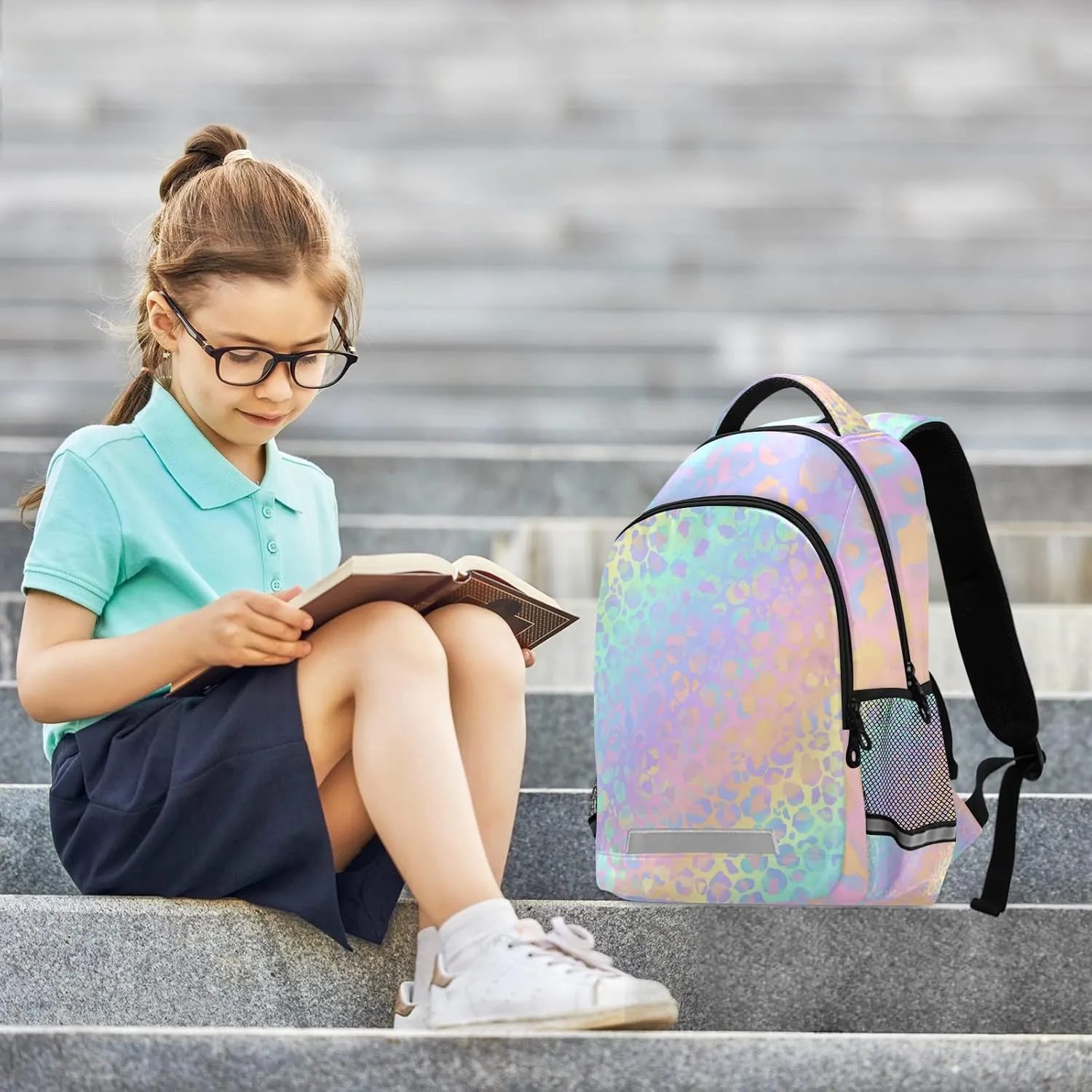Rainbow Leopard Print Neon Backpack for Students Boys Girls School Bag Travel Daypack Rucksack