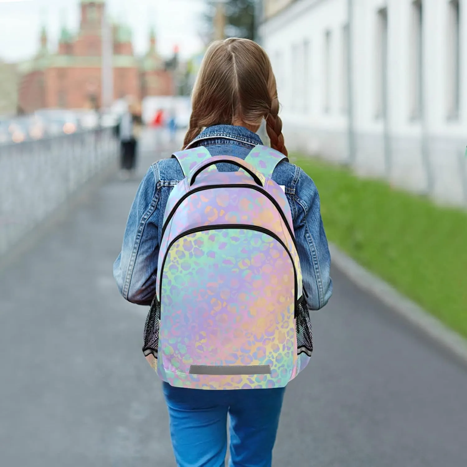Rainbow Leopard Print Neon Backpack for Students Boys Girls School Bag Travel Daypack Rucksack