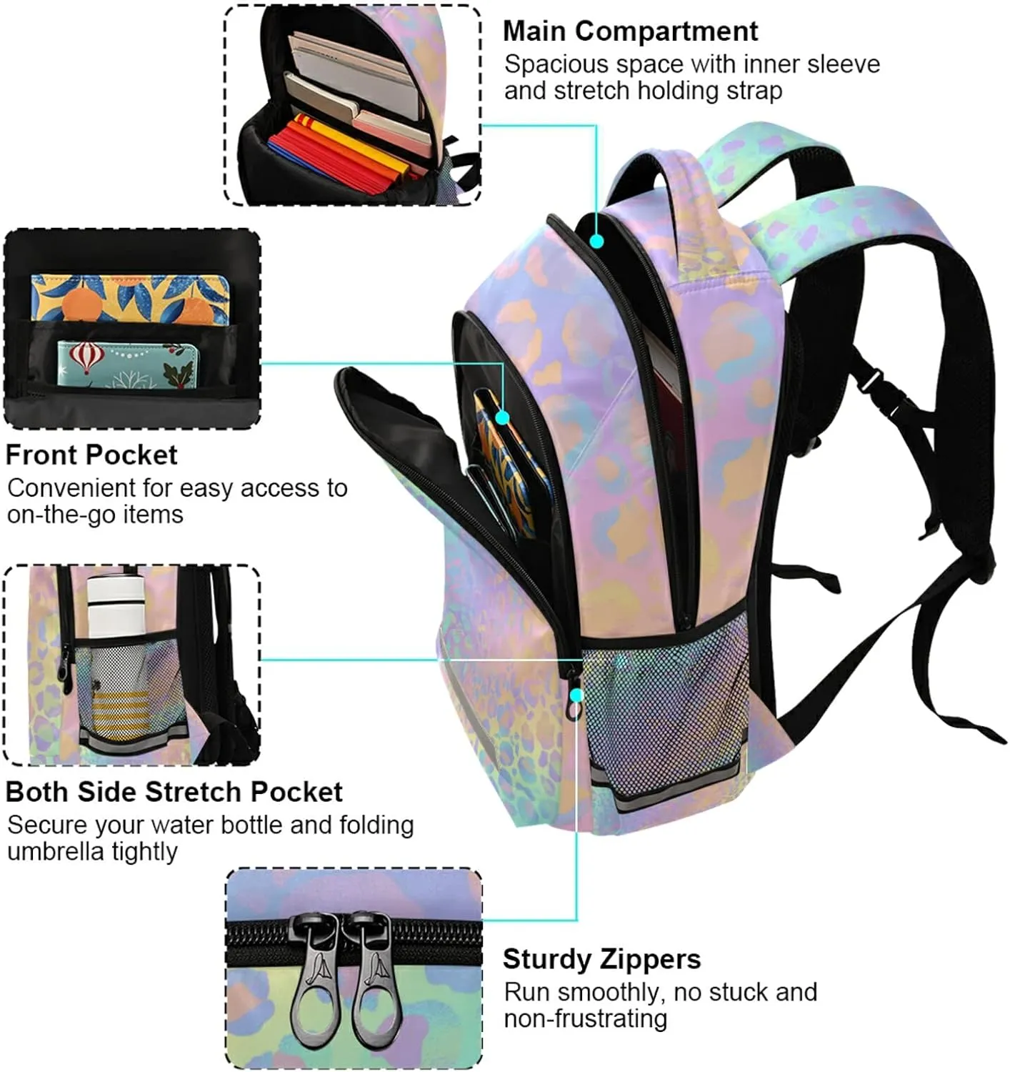Rainbow Leopard Print Neon Backpack for Students Boys Girls School Bag Travel Daypack Rucksack