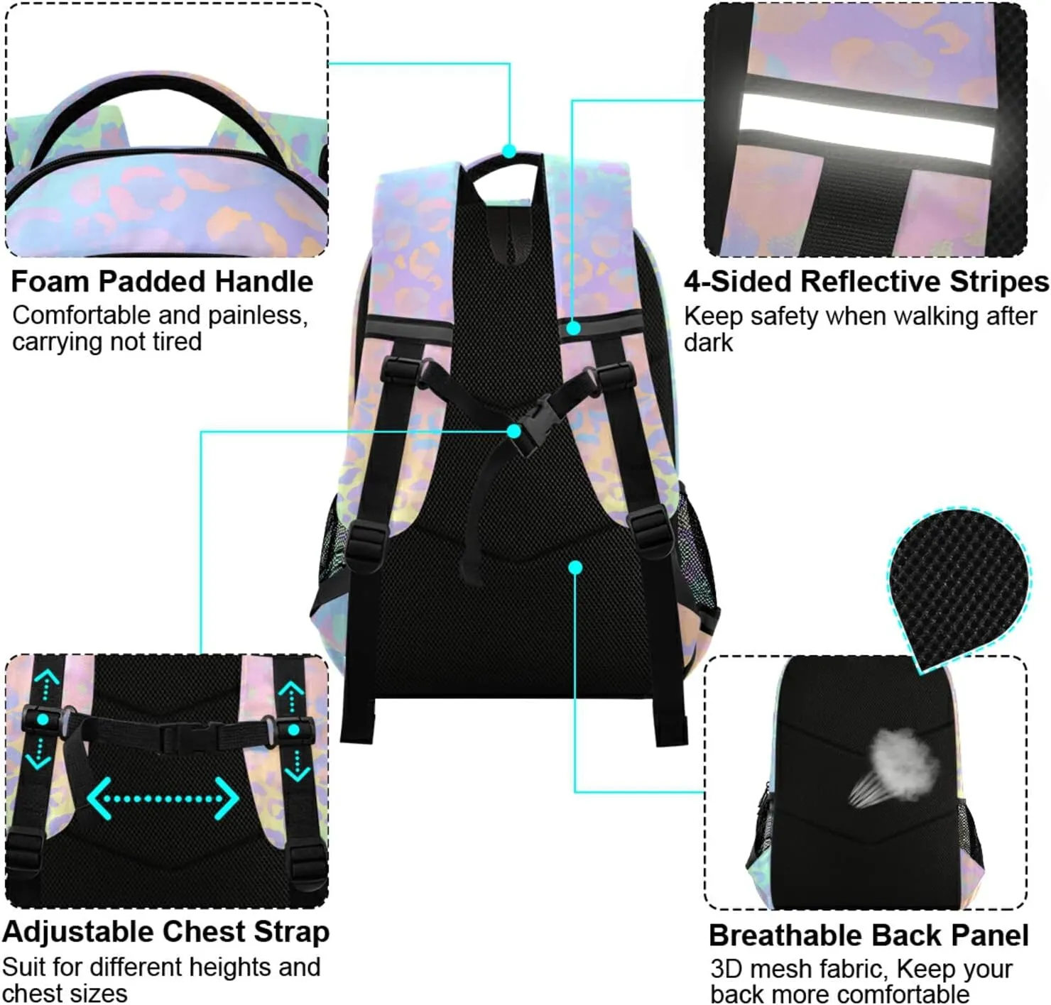 Rainbow Leopard Print Neon Backpack for Students Boys Girls School Bag Travel Daypack Rucksack