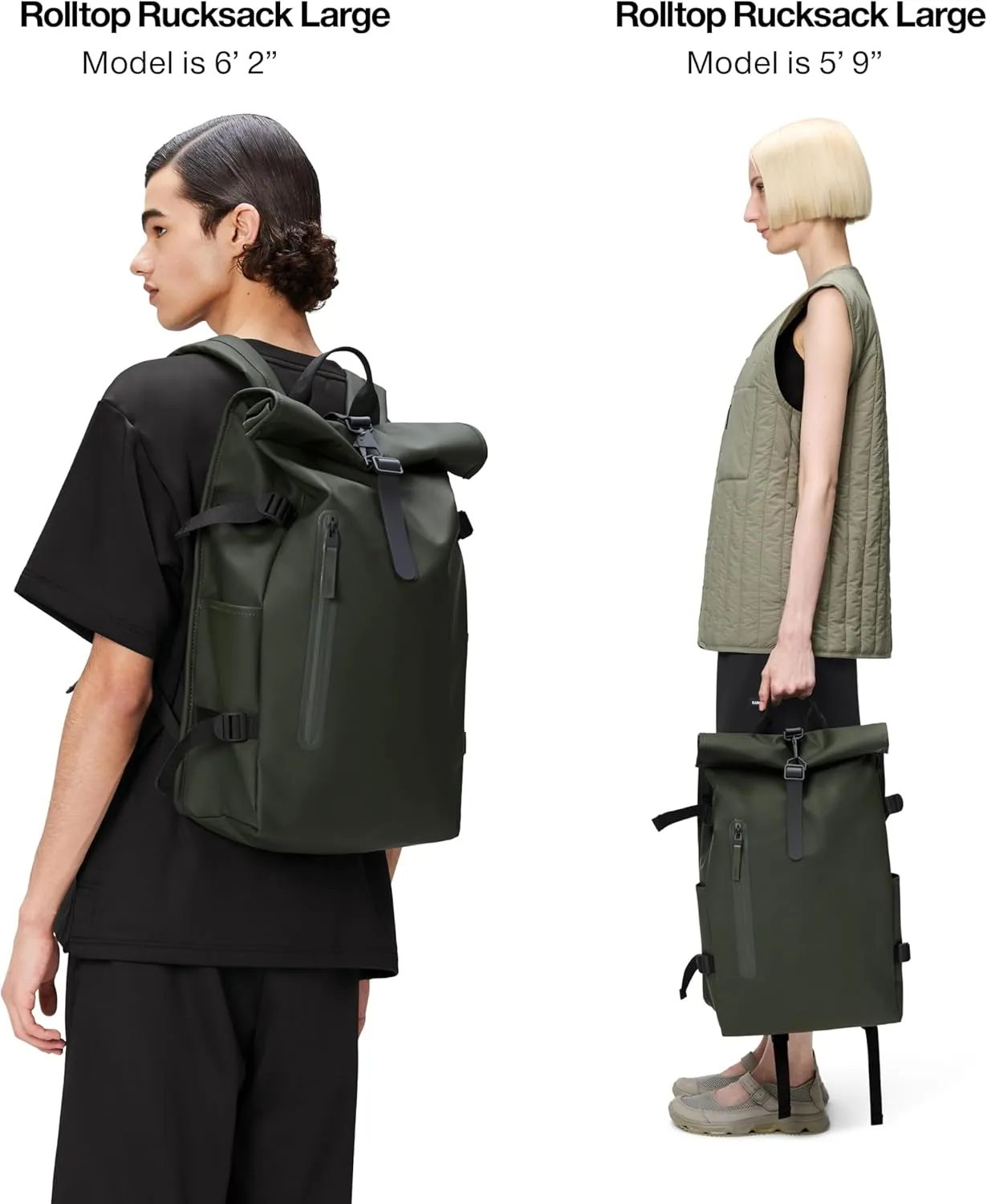 RAINS Rolltop Rucksack Large – Waterproof, Cycle-Ready, with Laptop Pocket and Chest Strap for Secure, Weatherproof Travel (Green)