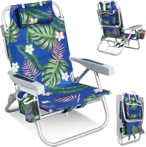 Reclining Low Beach Chairs for Adults with Backpack Straps, Portable Beach Chair with Cup Holder & Large Cooler Storage Bag Support 300LBS, Tropical Palm