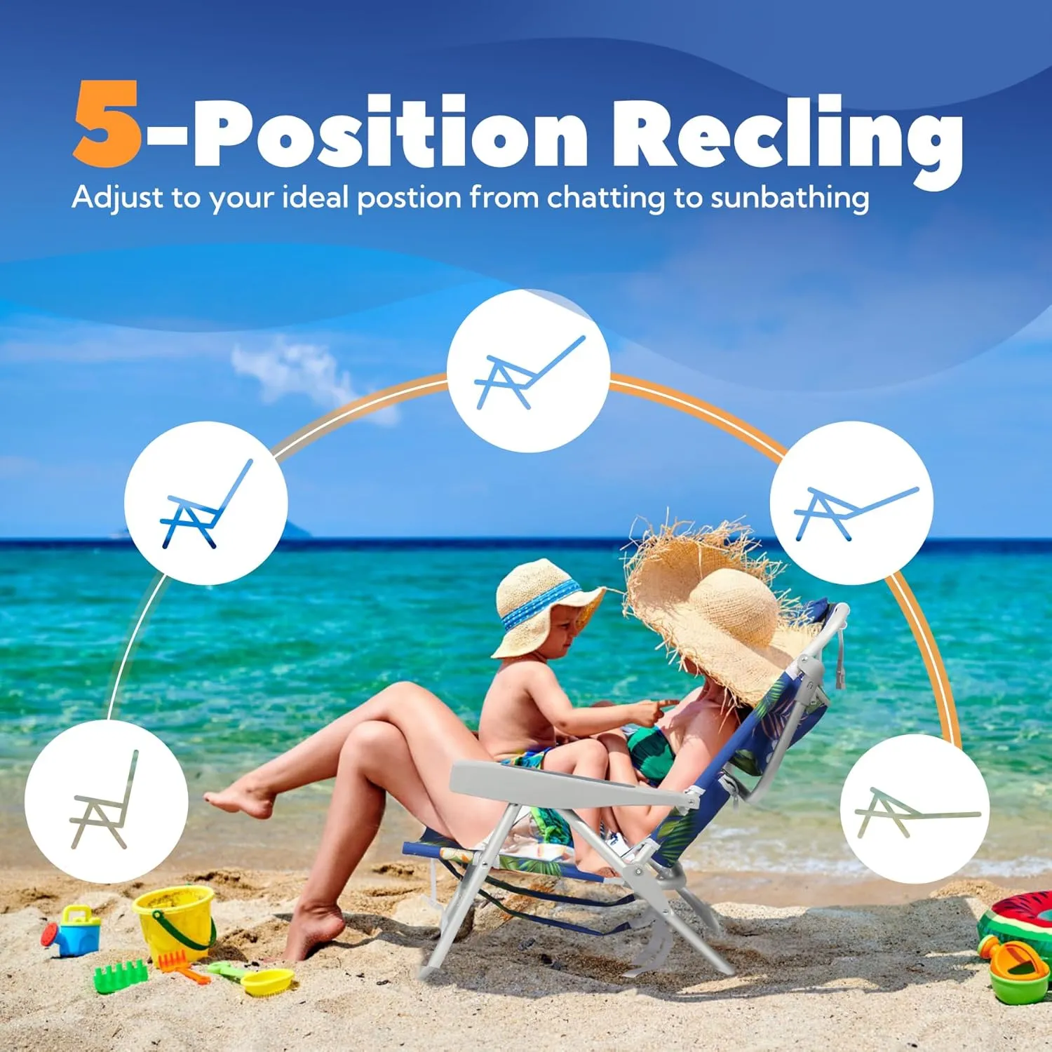 Reclining Low Beach Chairs for Adults with Backpack Straps, Portable Beach Chair with Cup Holder & Large Cooler Storage Bag Support 300LBS, Tropical Palm