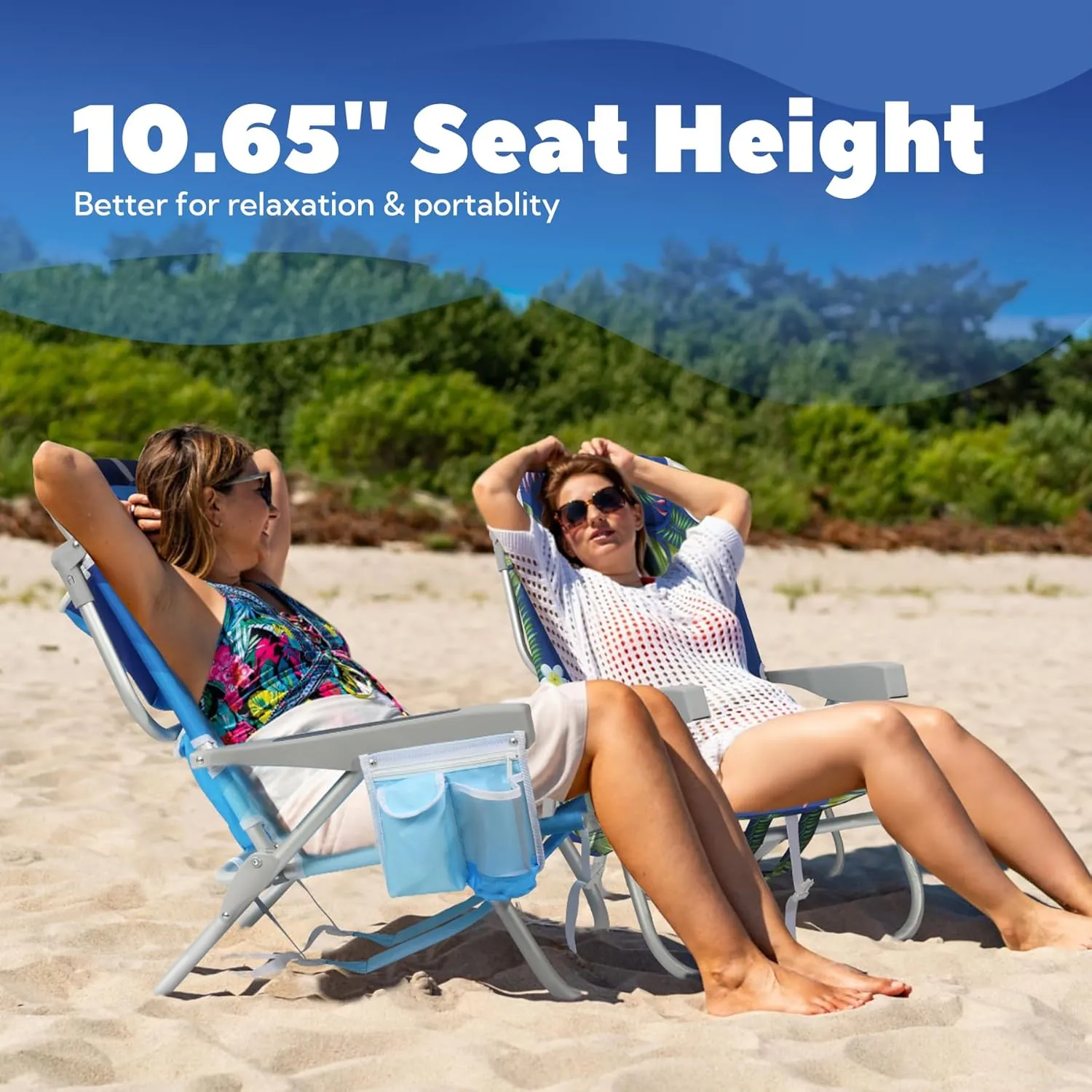 Reclining Low Beach Chairs for Adults with Backpack Straps, Portable Beach Chair with Cup Holder & Large Cooler Storage Bag Support 300LBS, Tropical Palm
