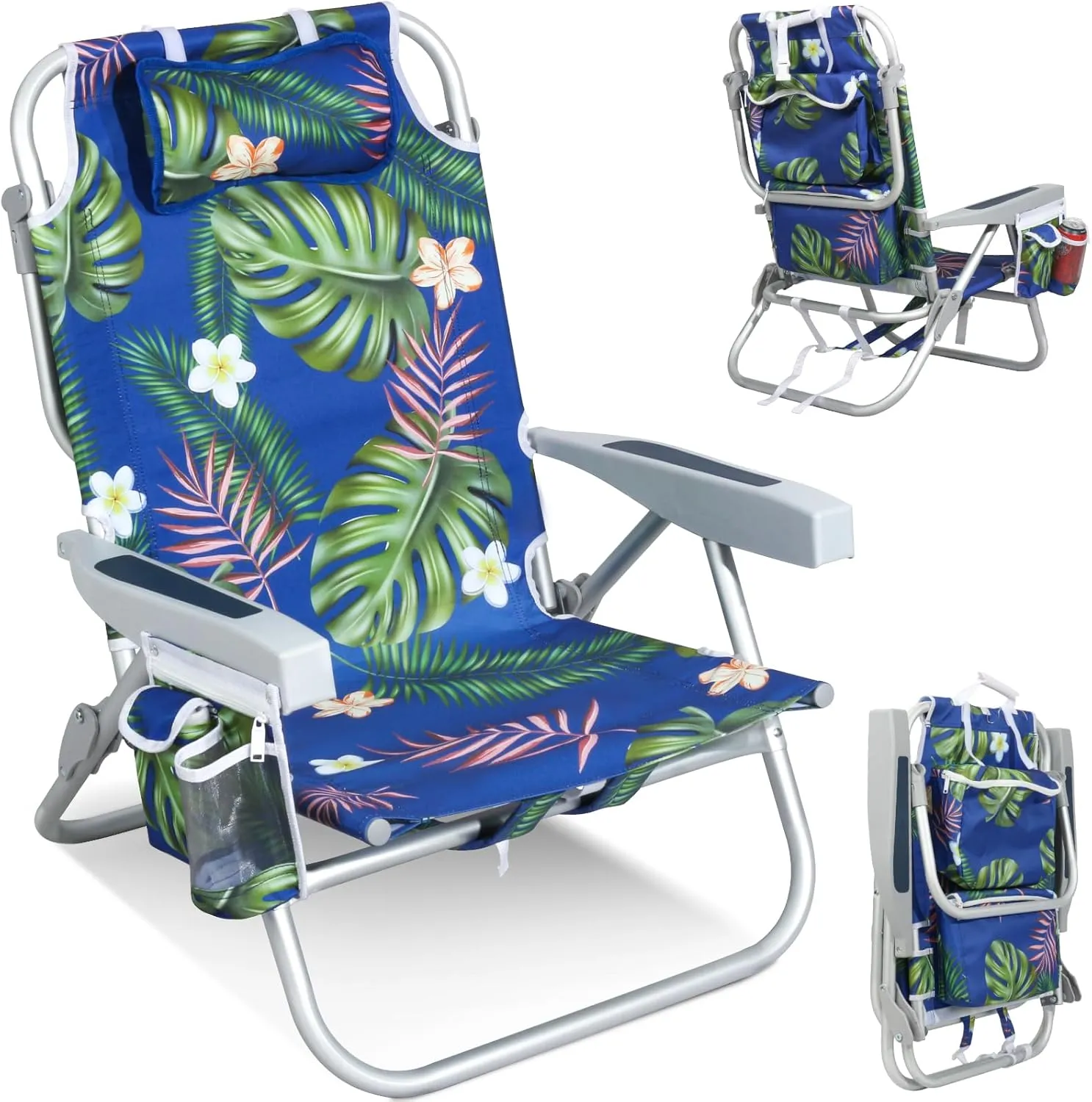 Reclining Low Beach Chairs for Adults with Backpack Straps, Portable Beach Chair with Cup Holder & Large Cooler Storage Bag Support 300LBS, Tropical Palm