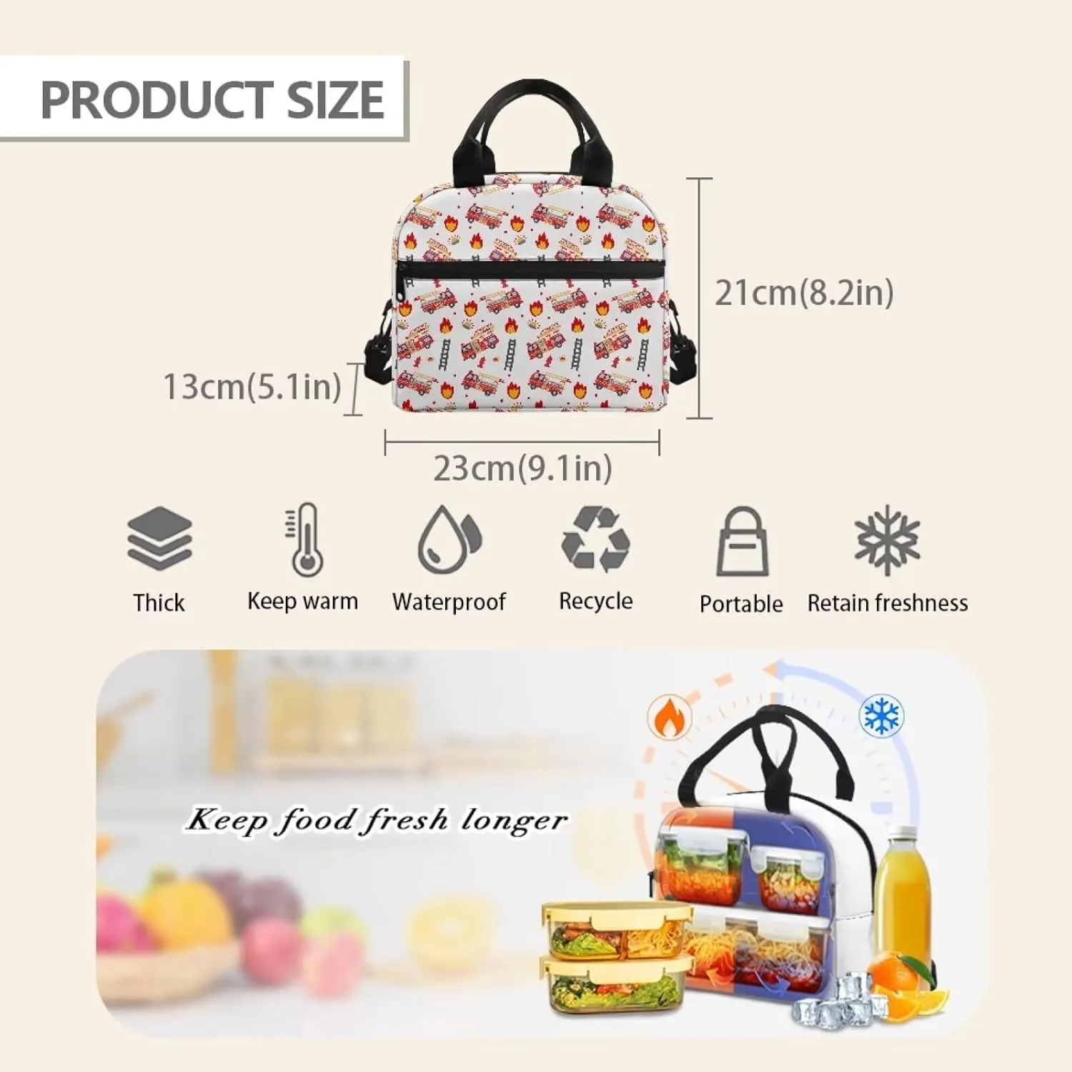 Red High School Backpack Fire Engine Men'S Shoulder Bag 3-Piece Set School Backpack Set for Kids Boys Rucksack Books Bag Girls Backpack with Lunch Bag and Pencil Case