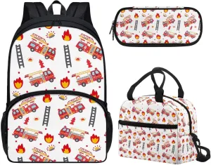 Red High School Backpack Fire Engine Men'S Shoulder Bag 3-Piece Set School Backpack Set for Kids Boys Rucksack Books Bag Girls Backpack with Lunch Bag and Pencil Case