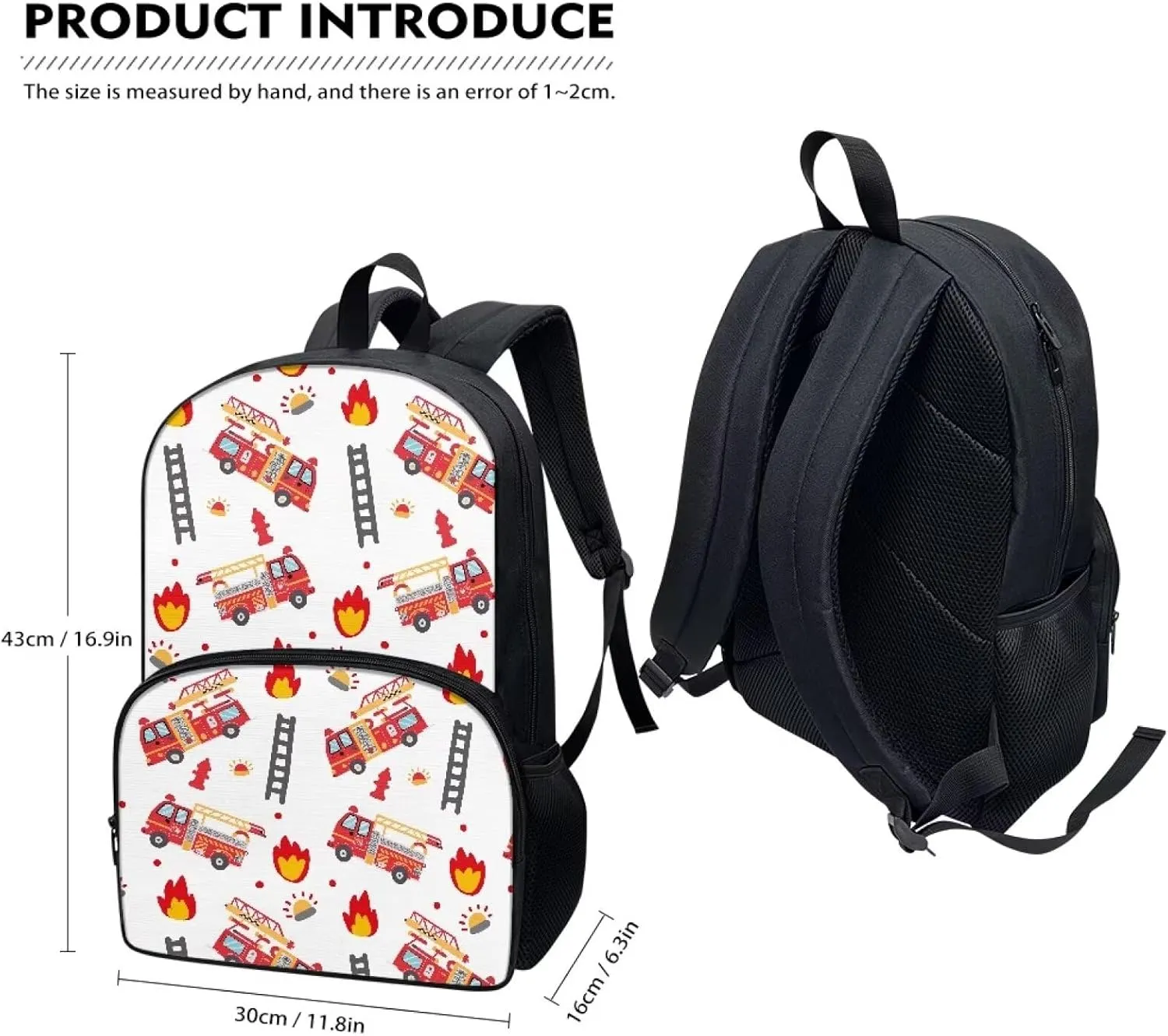 Red High School Backpack Fire Engine Men'S Shoulder Bag 3-Piece Set School Backpack Set for Kids Boys Rucksack Books Bag Girls Backpack with Lunch Bag and Pencil Case