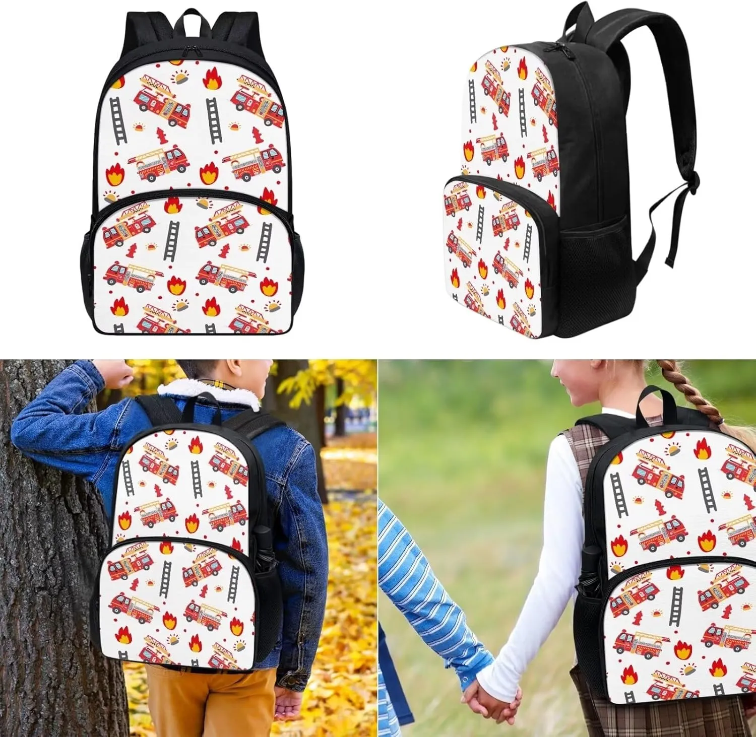 Red High School Backpack Fire Engine Men'S Shoulder Bag 3-Piece Set School Backpack Set for Kids Boys Rucksack Books Bag Girls Backpack with Lunch Bag and Pencil Case
