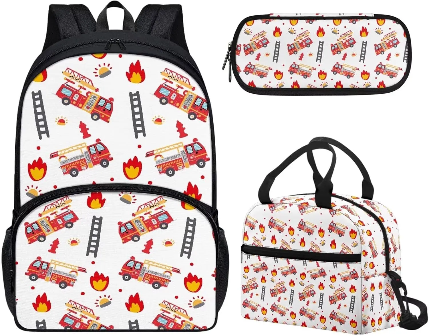 Red High School Backpack Fire Engine Men'S Shoulder Bag 3-Piece Set School Backpack Set for Kids Boys Rucksack Books Bag Girls Backpack with Lunch Bag and Pencil Case