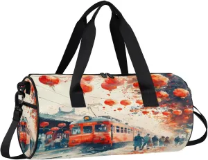 Red Lantern Train Travel Gym Bag Waterproof Sport Dance Bag for Women Men Portable Gymnastics Duffel Bags Canvas Tote Carry on Handbag for Workout Overnight Weekender
