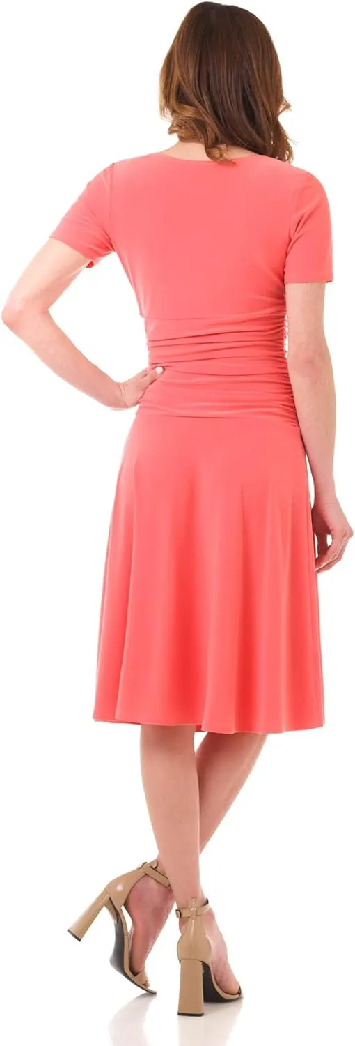 Rekucci Women's Slimming Short Sleeve Fit-N-Flare Crossover Tummy Control Dress