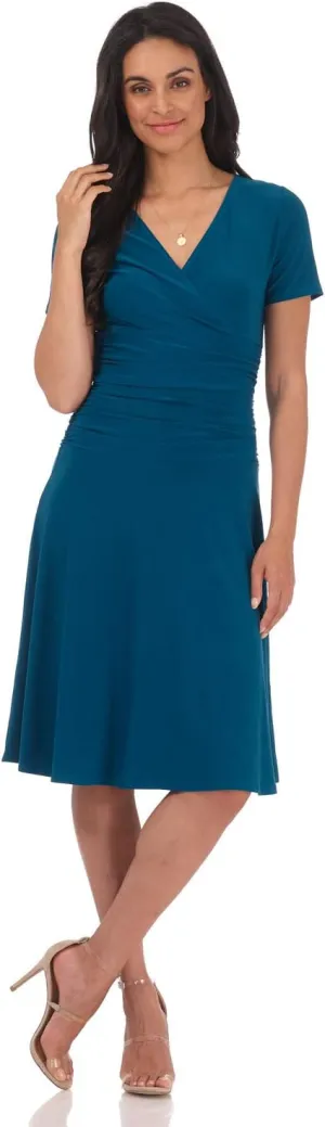 Rekucci Women's Slimming Short Sleeve Fit-N-Flare Crossover Tummy Control Dress