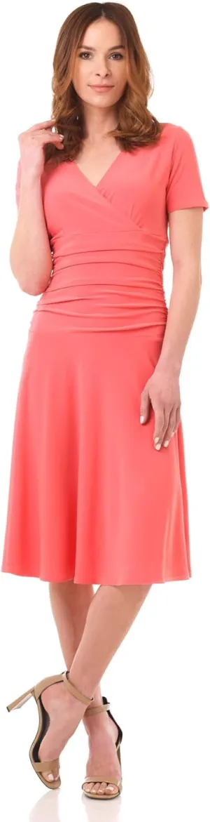 Rekucci Women's Slimming Short Sleeve Fit-N-Flare Crossover Tummy Control Dress