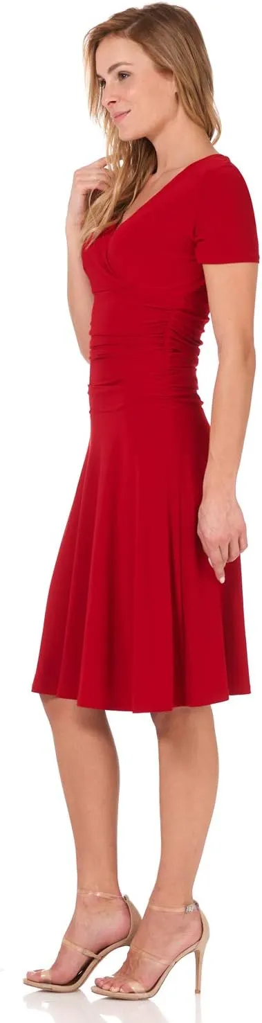 Rekucci Women's Slimming Short Sleeve Fit-N-Flare Crossover Tummy Control Dress