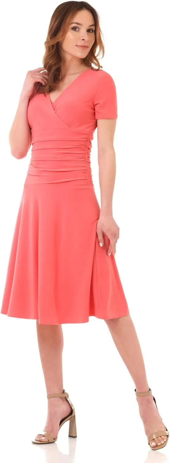 Rekucci Women's Slimming Short Sleeve Fit-N-Flare Crossover Tummy Control Dress