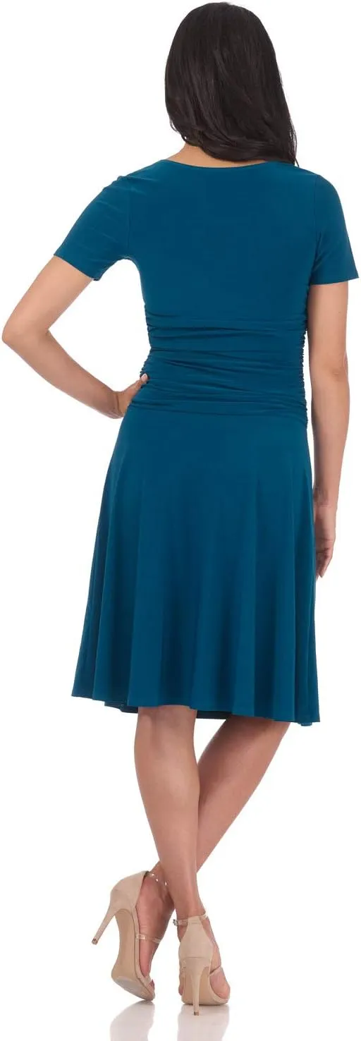 Rekucci Women's Slimming Short Sleeve Fit-N-Flare Crossover Tummy Control Dress