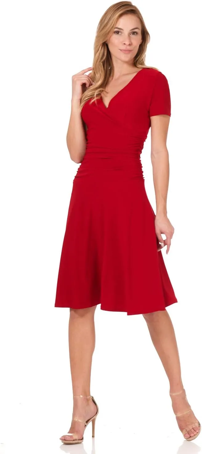 Rekucci Women's Slimming Short Sleeve Fit-N-Flare Crossover Tummy Control Dress